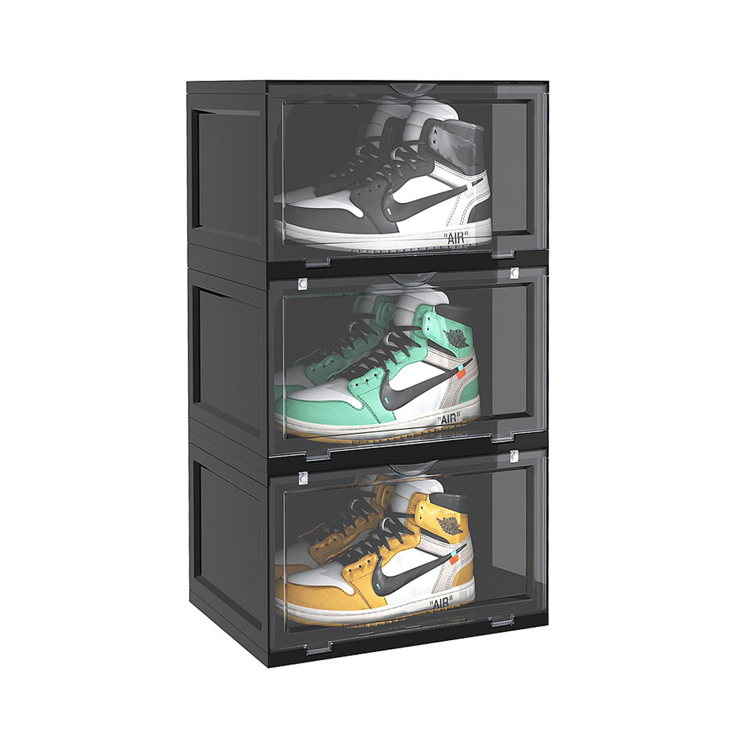 NNEAGS 3 Tier Black Portable Shoe Organiser Sneaker Footwear Folding Plastic Bin Stackable Storage Box with Magnet Doors