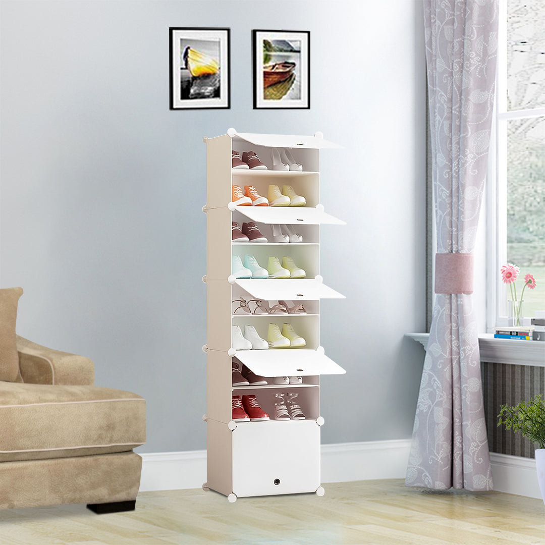 NNEAGS 8 Tier White Shoe Rack Organizer Sneaker Footwear Storage Stackable Stand Cabinet Portable Wardrobe with Cover
