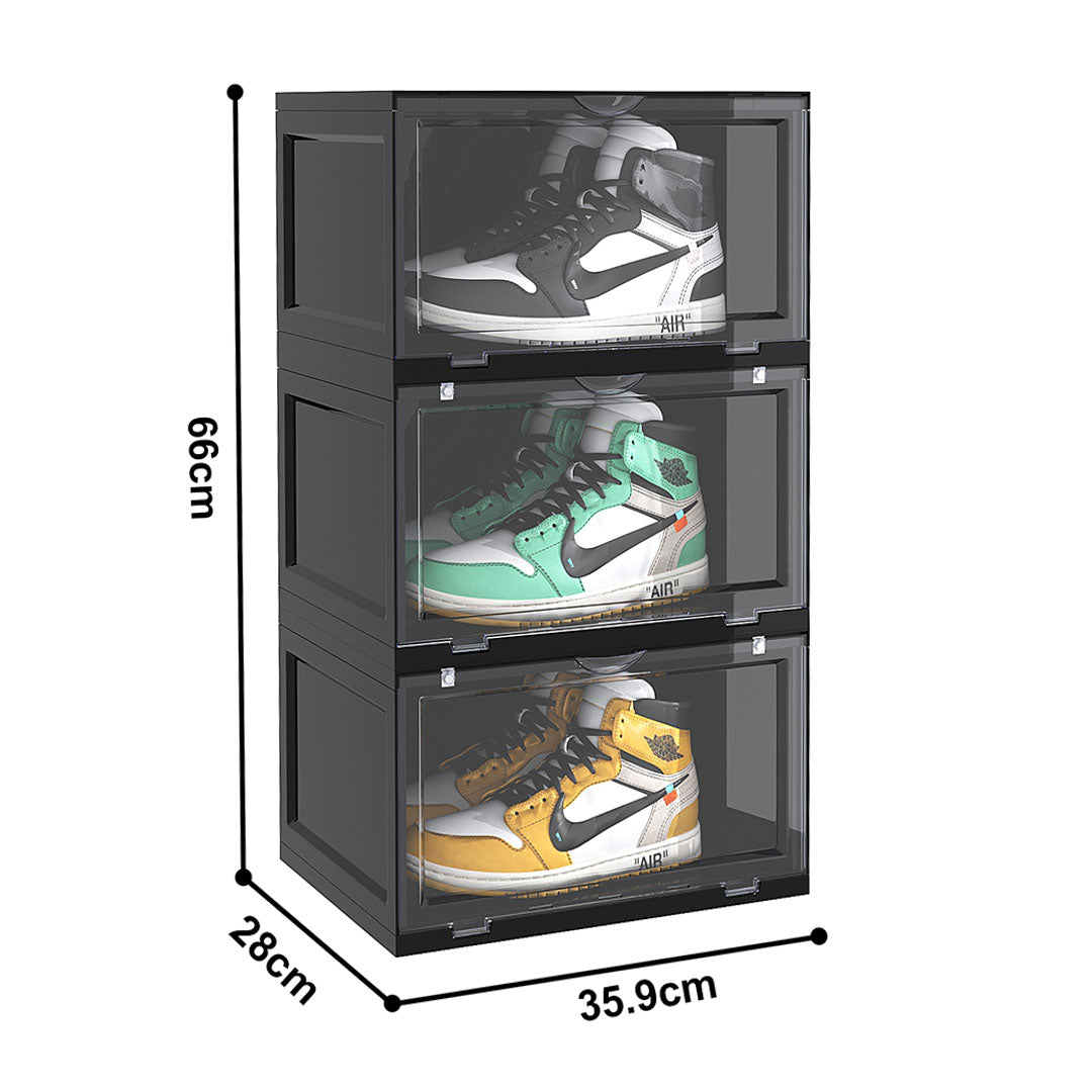 NNEAGS 3 Tier Black Portable Shoe Organiser Sneaker Footwear Folding Plastic Bin Stackable Storage Box with Magnet Doors