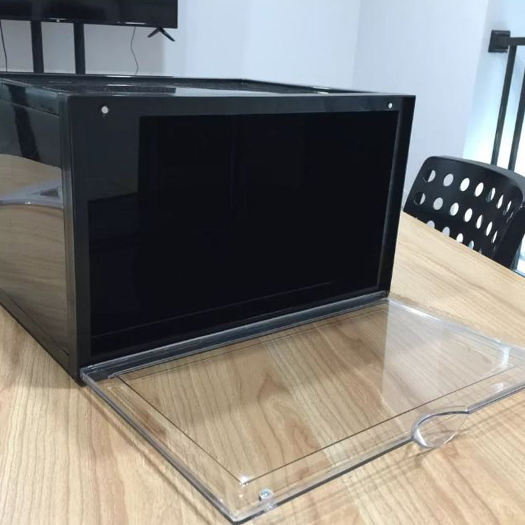 NNEAGS 3 Tier Black Portable Shoe Organiser Sneaker Footwear Folding Plastic Bin Stackable Storage Box with Magnet Doors